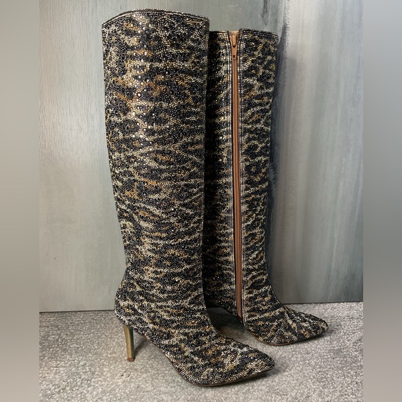 Betsey Johnson Brea Leopard Rhinestone Tall Boots NIB Stiletto Pointed Toe - Picture 3 of 14